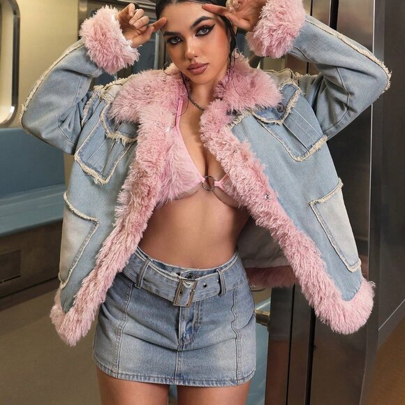 Jackets & Blazers - Blue Casual Women's faux fur Pocket detaile Long Sleeve Denim Jacket